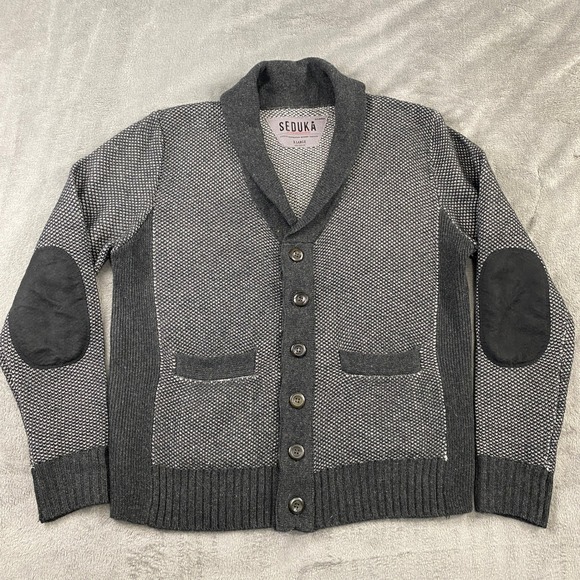 Seduka Other - Seduka Sweater Mens XL Lambs wool Blend Shawl Collar Cardigan Elbow Patches Grey